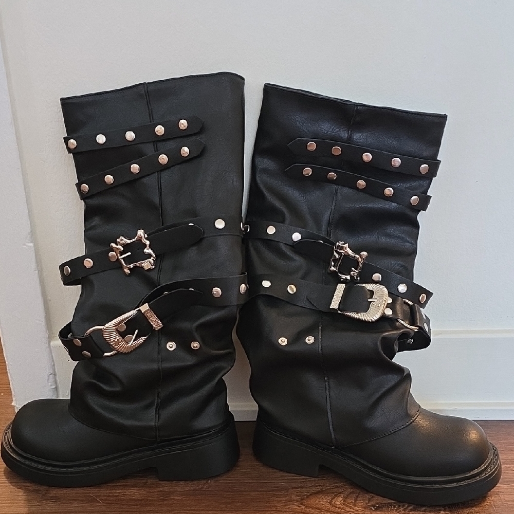 Black Studded Buckle Boots